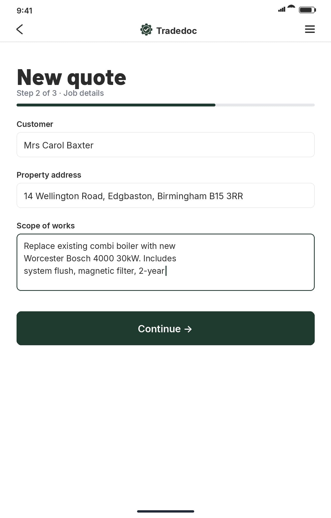 Tap in the job details. TradeDoc quote builder mid-form