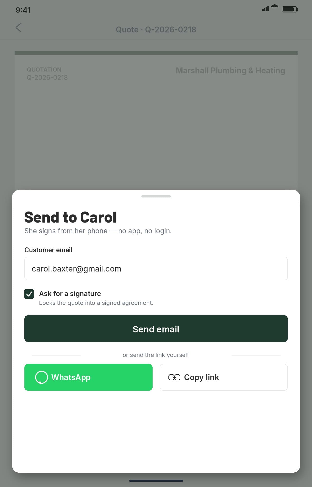 Send it before you leave. WhatsApp, email or copy link
